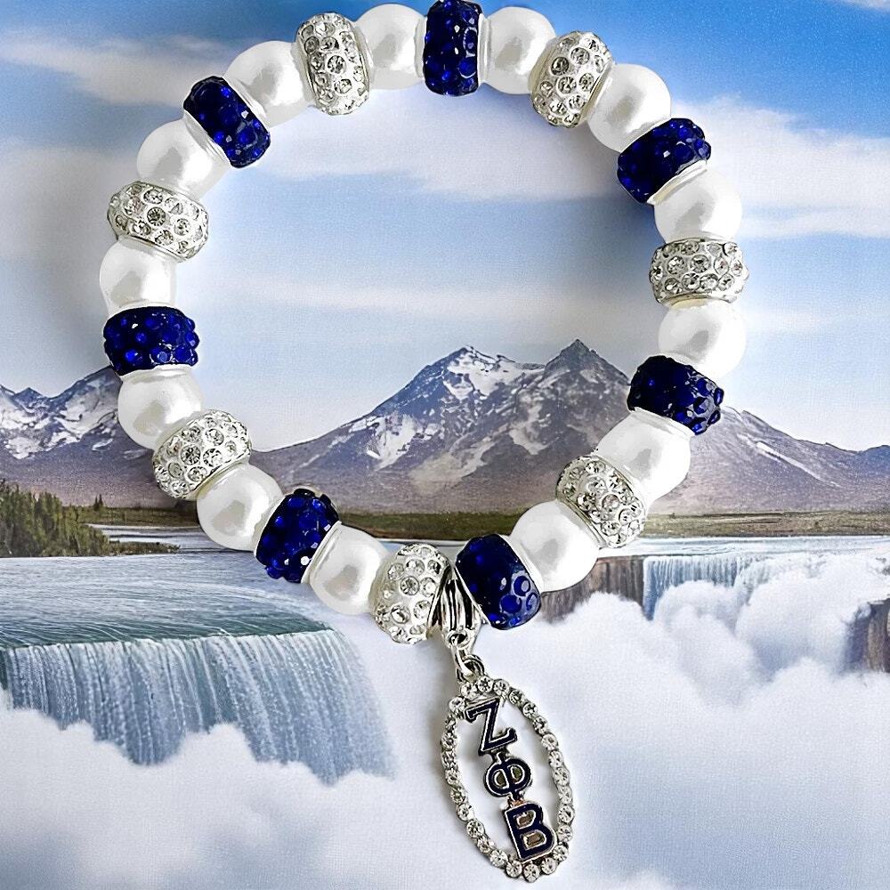 Zeta Phi Beta Bracelet‎ Blue and White Pearls rhinestone with Logo Pendant